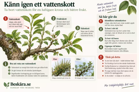 Infografik som visar hur vattenskott känns igen och jämför upprätta vattenskott med fruktskott och sidoskott på ett fruktträd.